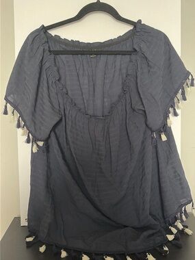 SHEIN Navy Tassel-Trim Peasant Top